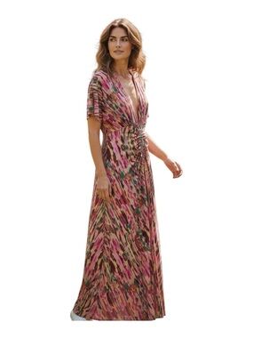 SHEIN Pink Multicolor V-Neck Ruched Waist Maxi Dress